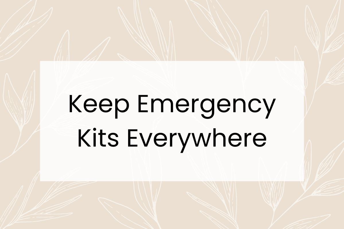A beige background with leaf outlines and a white box displaying the text, "Keep Emergency Kits Everywhere".