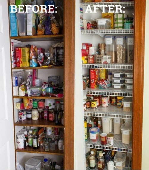 a picture of a pantry before it's organized and a picture of a pantry after it's organized