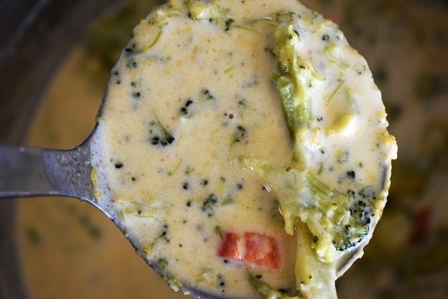 a closeup of a spoon of Instant Pot Broccoli Cheese Soup 
