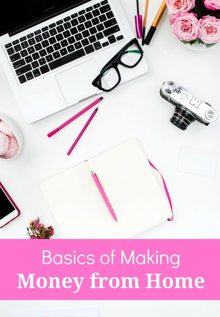 a desk with pens, a notebook, camera, glasses, a phone, flowers and a laptop on it with title text reading Basics of Making Money from Home