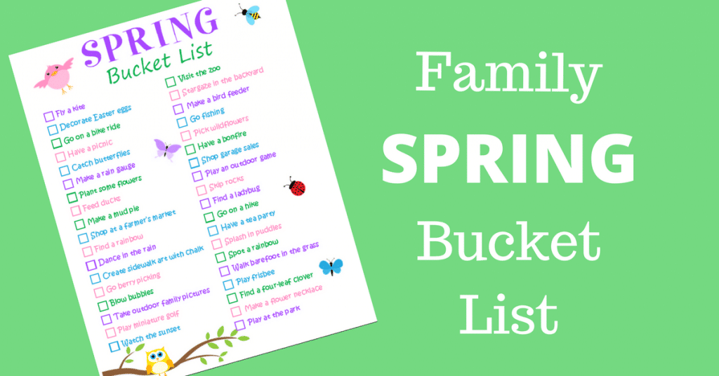 a printable Spring Bucket list on a green background with title text reading Family Spring Bucket List