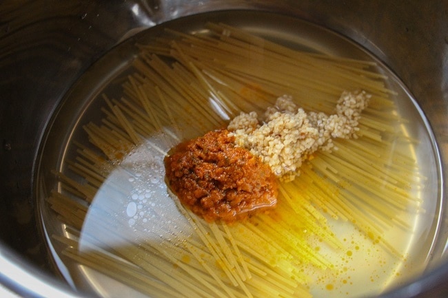 liquid, spaghetti. sun dried tomato paste, and garlic in an instant pot