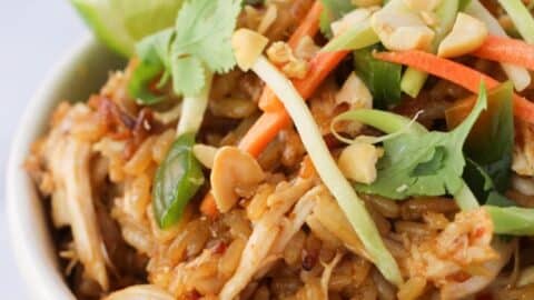 A bowl of Instant Pot Thai chicken rice topped with shredded chicken, sliced carrots, green onions, peanuts, and cilantro, garnished with a lime wedge.