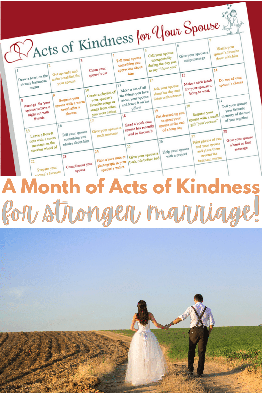 Acts of kindness don't have to be random or only for strangers. This calendar is full of acts you can do for your spouse to create a stronger marriage. #actsofkindness #marriagetips #marriageadvice via @wondermomwannab