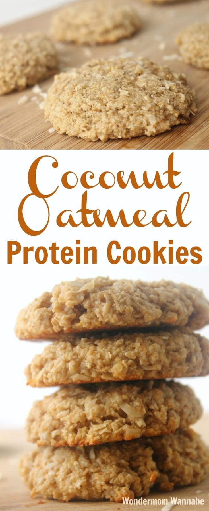 a collage of coconut oatmeal protein cookies on a wood board or in a stack with title text reading Coconut Oatmeal Protein Cookies