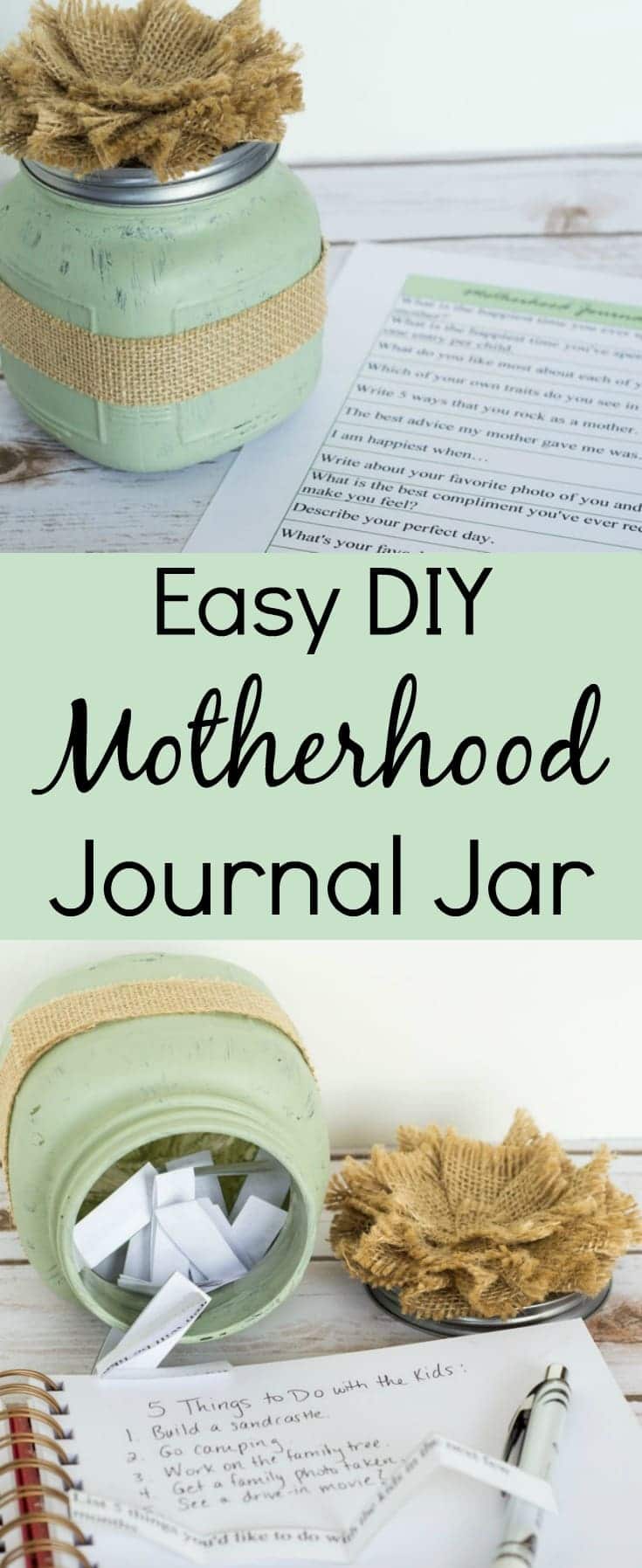 This motherhood journal jar is such an easy DIY gift for Mother's Day! The printable prompts provide lots of inspiration for mom's journaling which then becomes a treasured gift for her children. #motherhood #mothersday #mothersdaygift #diy via @wondermomwannab