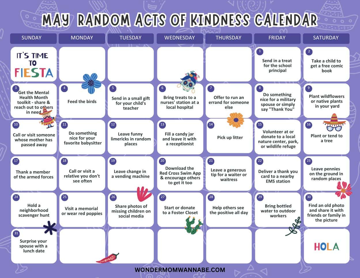 May Acts of Kindness Calendar featuring daily suggestions, such as sending thank you notes, picking up litter, donating, and helping others—all on a colorful illustrated background.