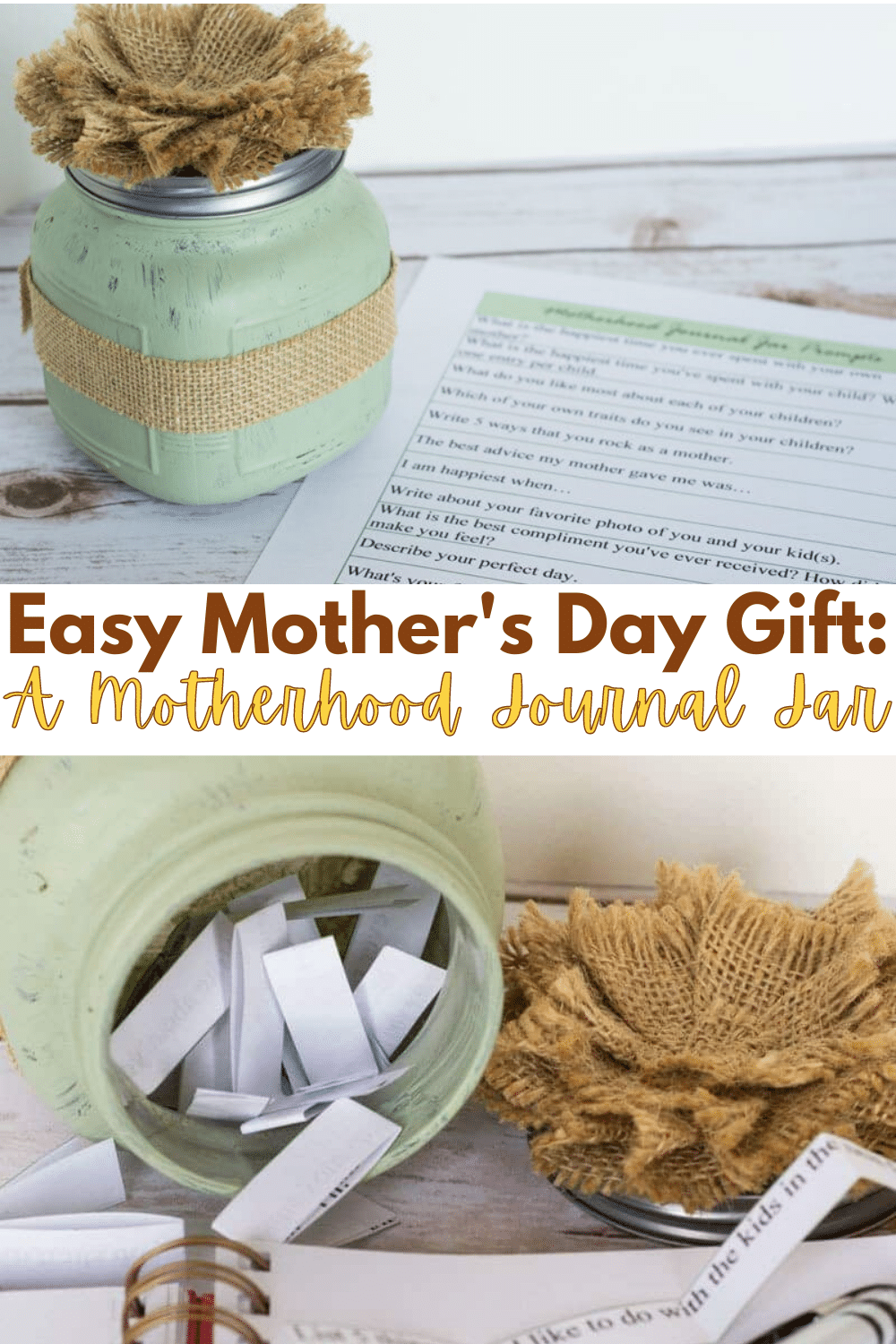 This motherhood journal jar is such an easy DIY gift for Mother's Day! The printable prompts provide lots of inspiration for mom's journaling which then becomes a treasured gift for her children. #motherhood #mothersday #mothersdaygift #diy via @wondermomwannab