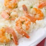 An appetizing plate of Instant Pot shrimp scampi with rice.