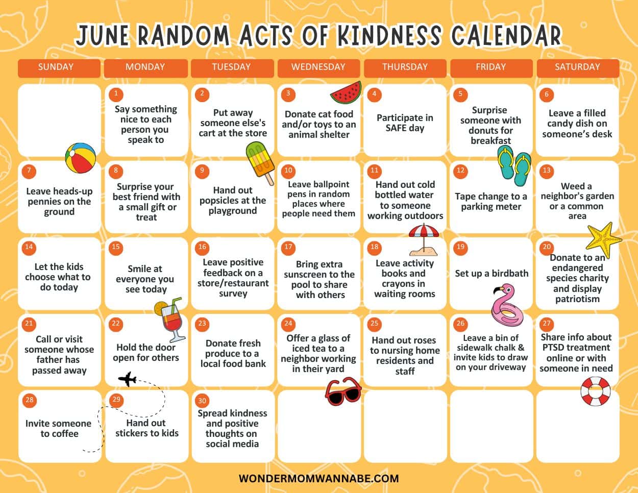 June acts of kindness calendar featuring daily suggestions for kind actions, illustrated with simple icons and set against a cheerful yellow background.