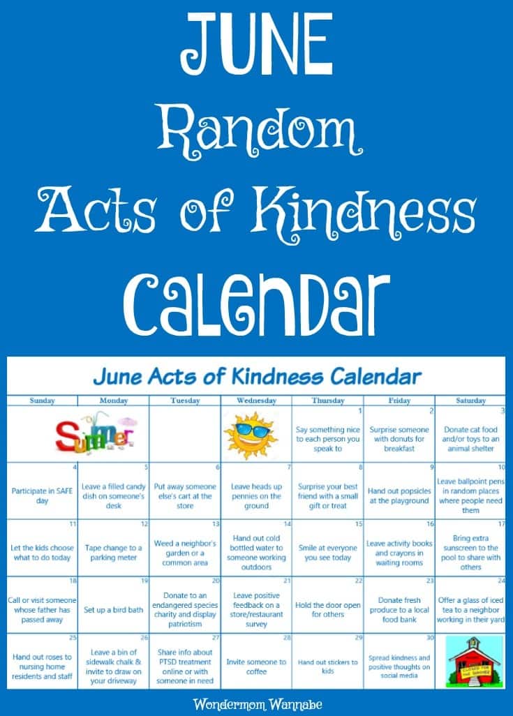 printable June Acts of Kindness Calendar on a blue background with title text reading June Random Acts of Kindness Calendar