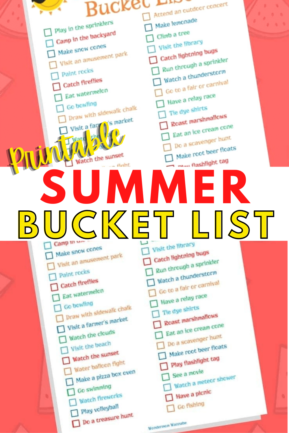 This printable summer bucket list is full of fun activities and ideas to make summer fun and memorable. Great combination of things to do at home and away. #printables #freeprintables #bucketlist #summer #familyprintables via @wondermomwannab