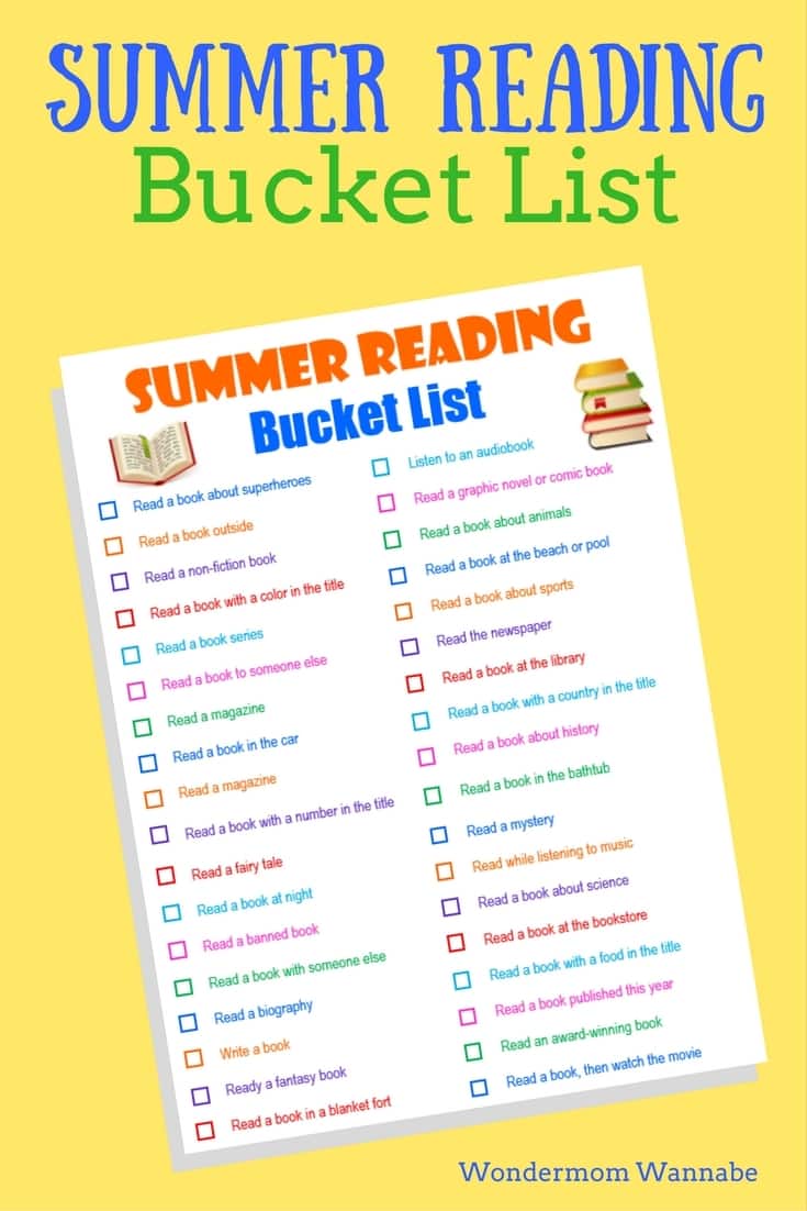 a printable Summer Reading Bucket List on a yellow background with title text reading Summer Reading Bucket List