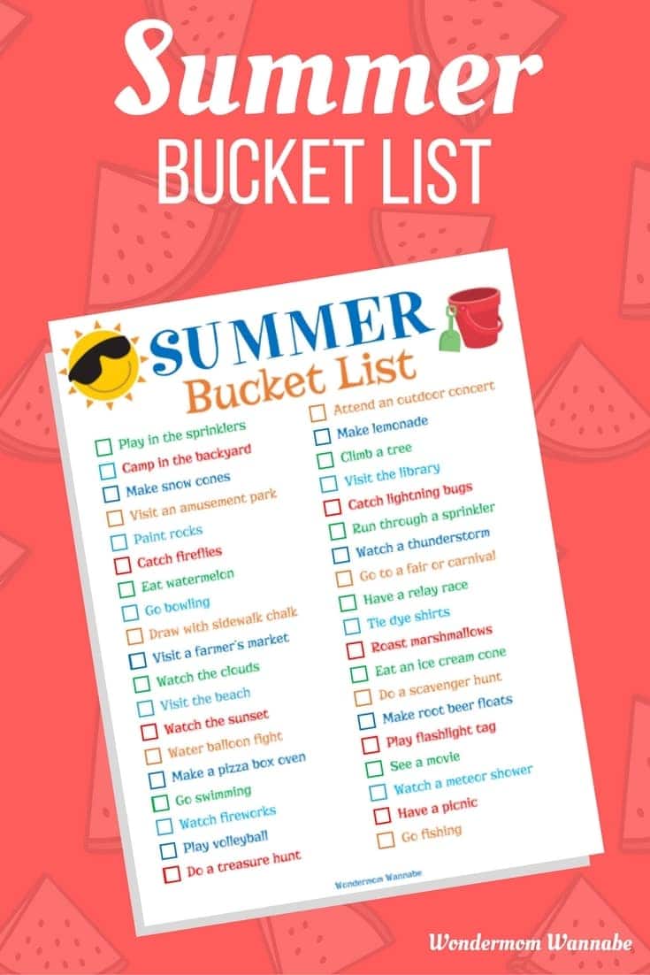 Printable Summer Bucket List on a red background with watermelon graphics on it with title text reading Summer Bucket List