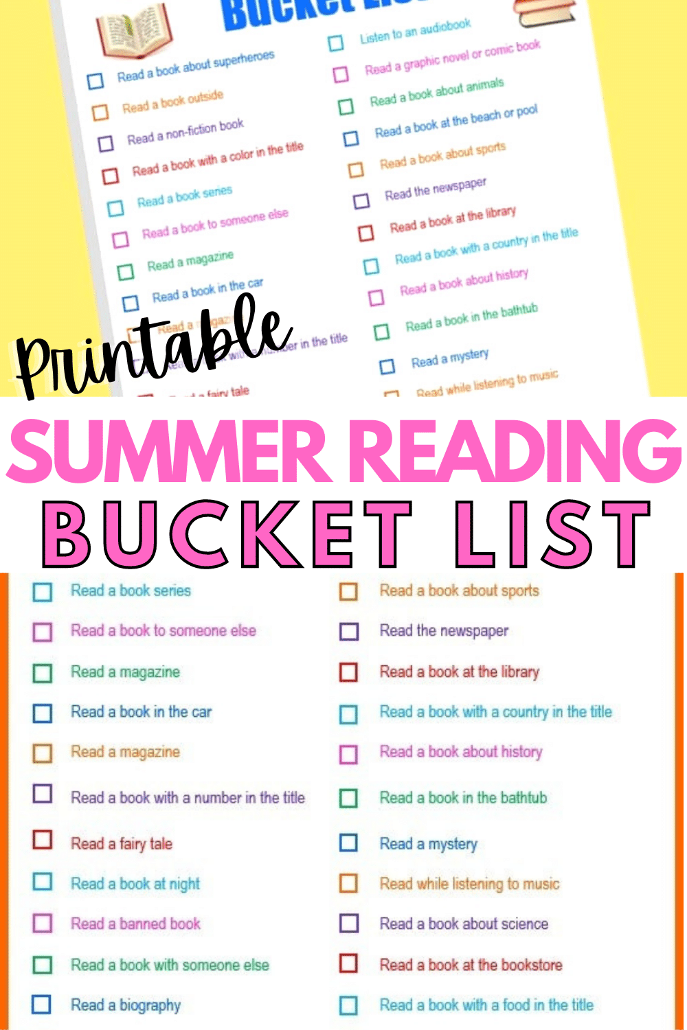 This summer reading bucket list challenges kids to read a variety of books in different ways and places. It's a fun and easy way to keep kids interested in reading over summer break. #summerreading #bucketlist #forkids #kidsactivities via @wondermomwannab
