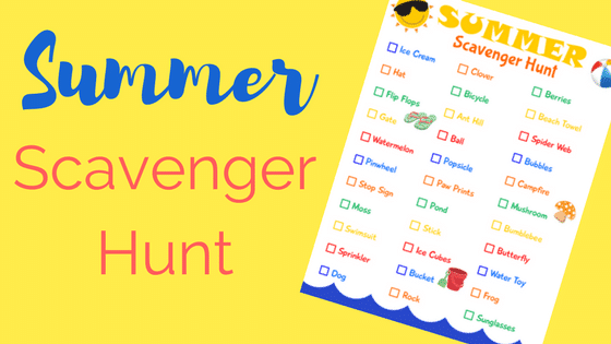printable summer scavenger hunt on a bright yellow background with title text reading Summer Scavenger Hunt