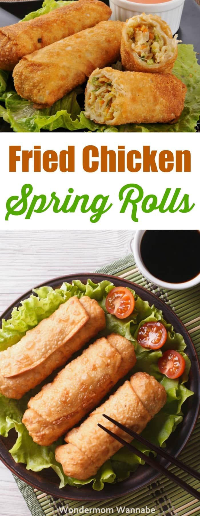 These fried chicken spring rolls are so yummy as an appetizer or as a side dish for your favorite Asian dinner! #asianfood #springrolls #appetizer #sidedish via @wondermomwannab