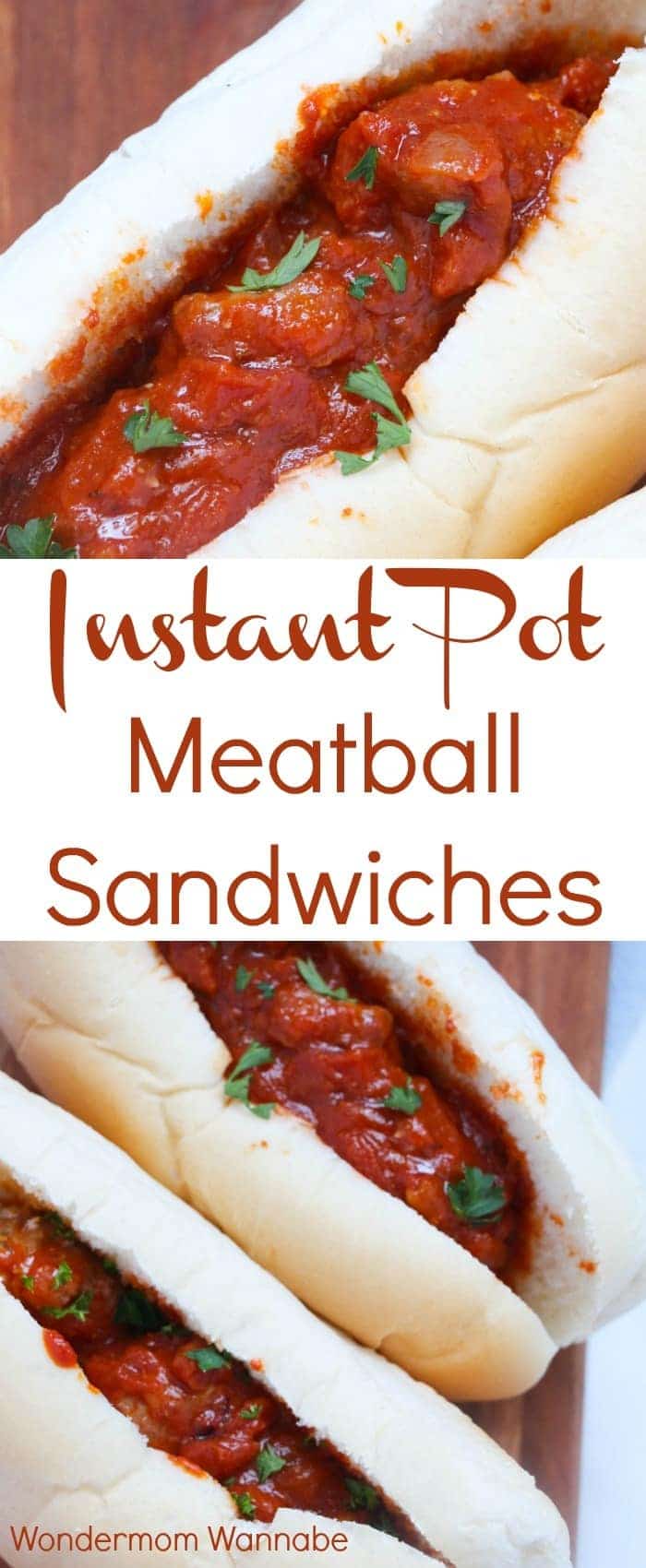 a collage of meatball sandwiches on a brown tray with title text reading Instant Pot Meatball Sandwiches