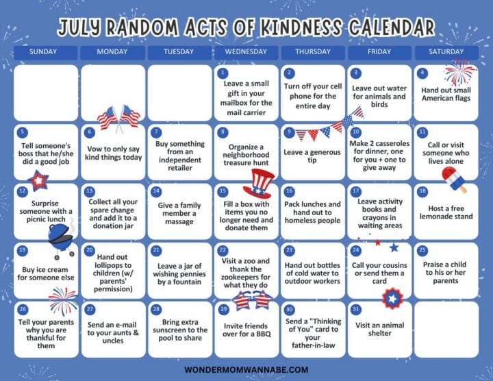 Kind July July Acts of Kindness Calendar