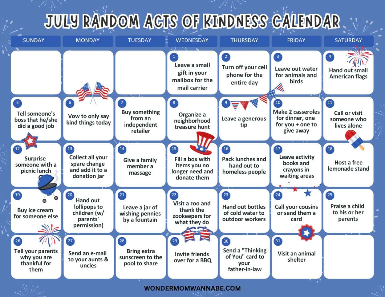 A July acts of kindness calendar with daily suggestions like giving compliments, donating, and helping others.