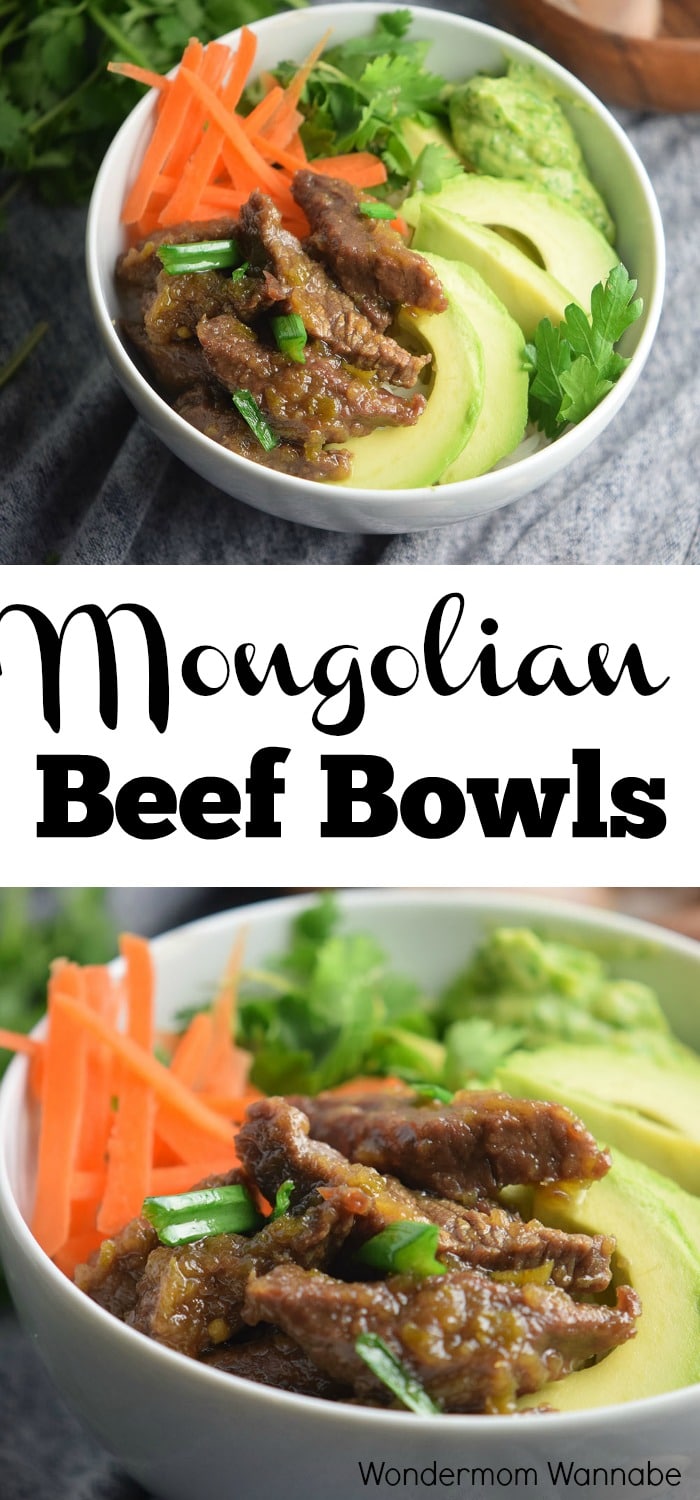 a collage of Mongolian beef bowls in a white bowl with title text reading Mongolian Beef Bowls
