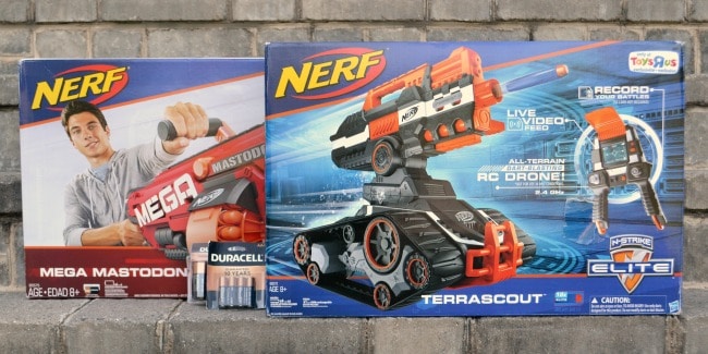 boxes of nerf mega mastodon blaster and nerf terrascout with a brick wall in the background
