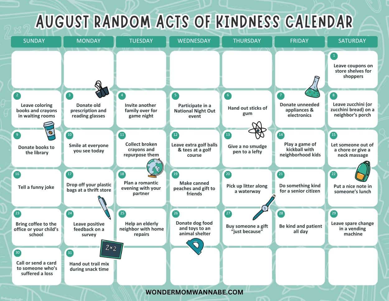 An August acts of kindness calendar featuring a variety of thoughtful activities to inspire you each day.