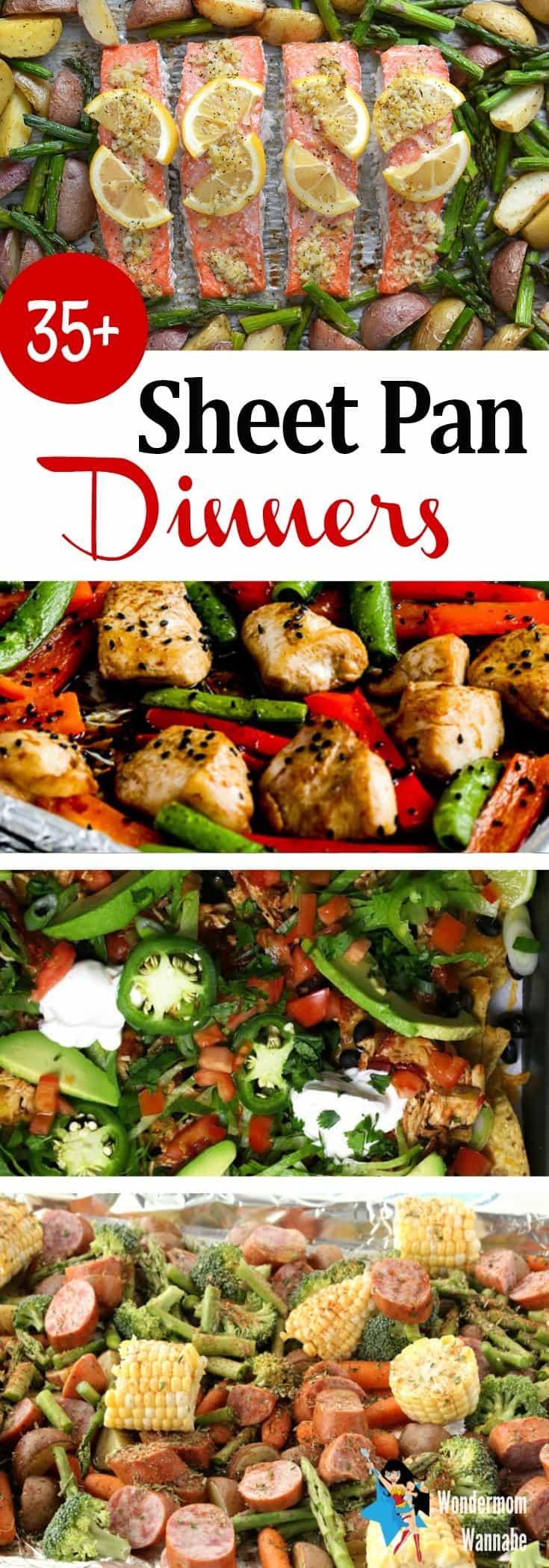 a collage of four different dinners with title text reading 35+ Sheet Pan Dinners