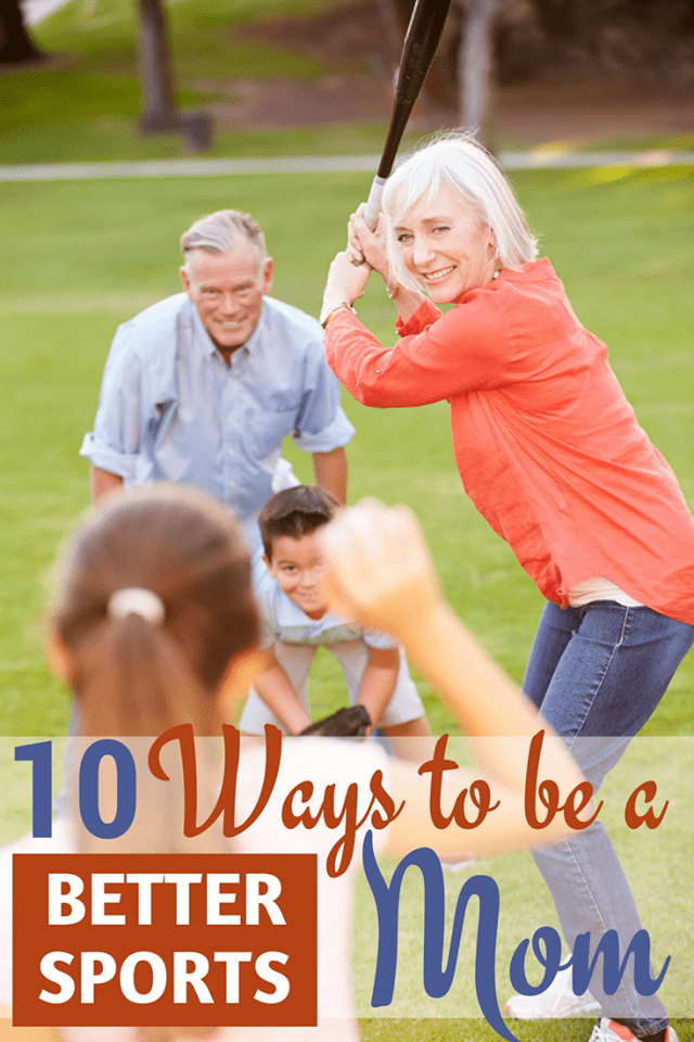 grandpa, grandma, grandson and granddaughter playing baseball at a park with title text reading 10 Ways to be a Better Sports Mom