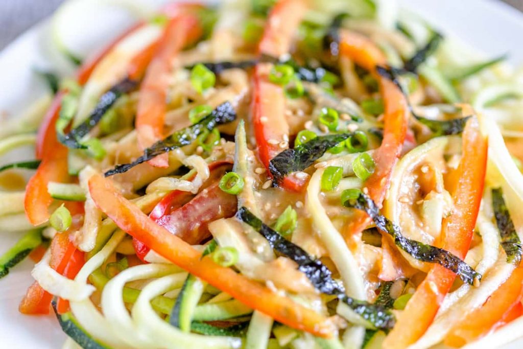 closeup of Japanese Zucchini Noodle Salad with Miso Dressing