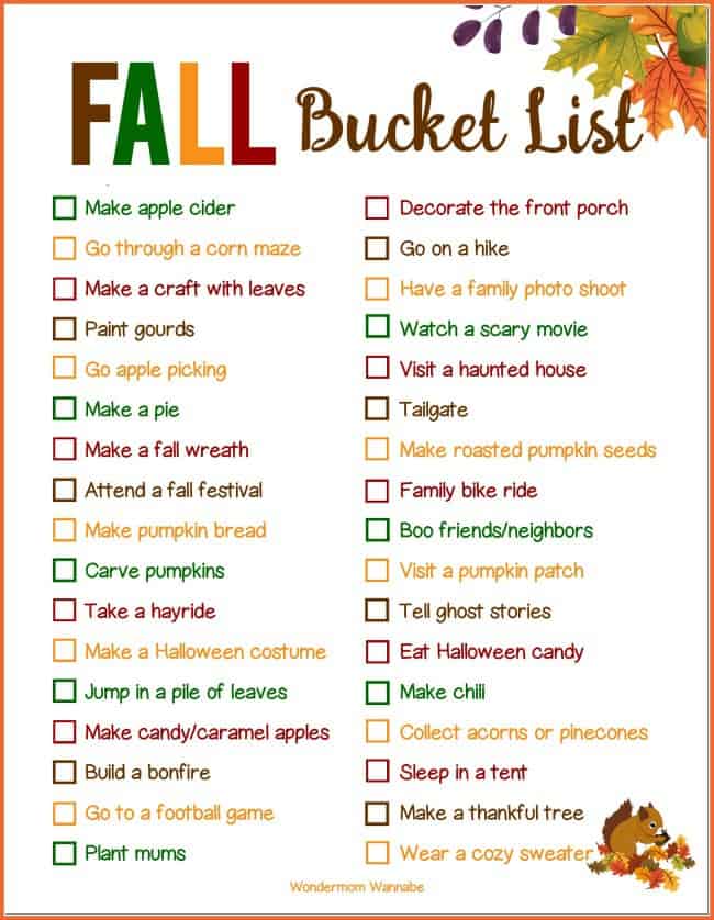 This fall bucket list includes all of the fun activities that make fall a wonderful season. It's the perfect way to get out and enjoy the season as a family. #printable #fall #fallactivities #bucketlist via @wondermomwannab
