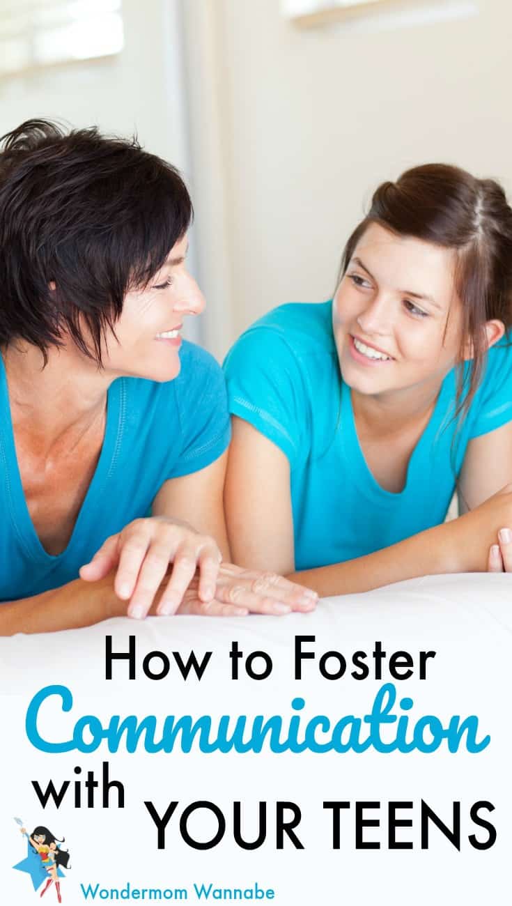 a mom and teen daughter laying down on a bed looking at each other with title text reading How to Foster Communication with Your Teens