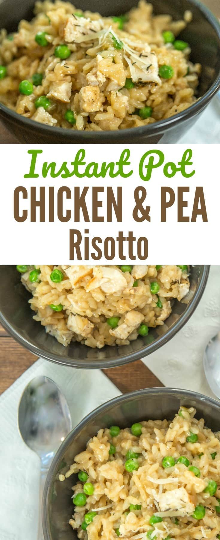 a collage of chicken and pea risotto in bowls with title text reading Instant Pot Chicken and Pea Risotto