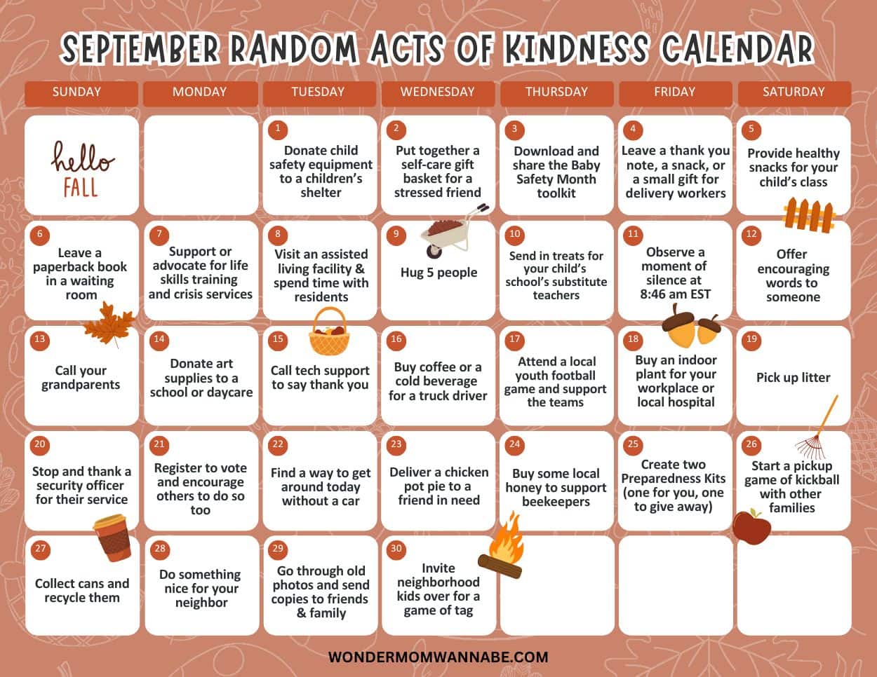 September calendar featuring daily September acts of kindness ideas, such as donating, volunteering, or supporting others, in a fall-themed design by wondermomwannabe.com.