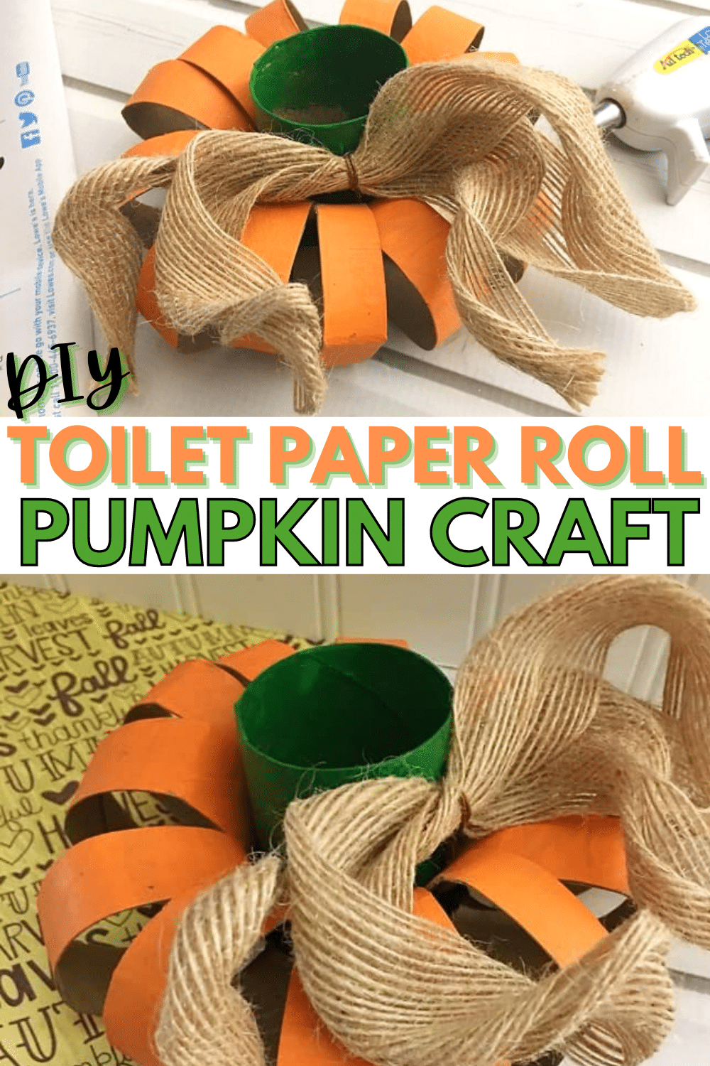 a collage of a DIY Toilet Paper Roll Pumpkin Craft