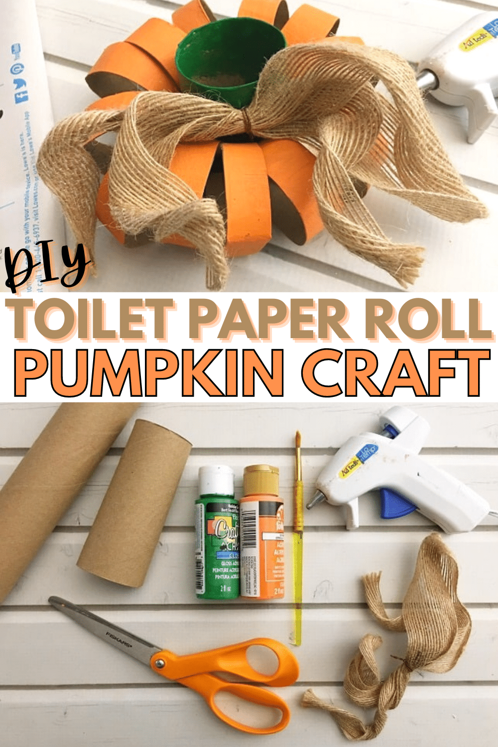 a collage of a DIY Toilet Paper Roll Pumpkin Craft and the materials needed to make it