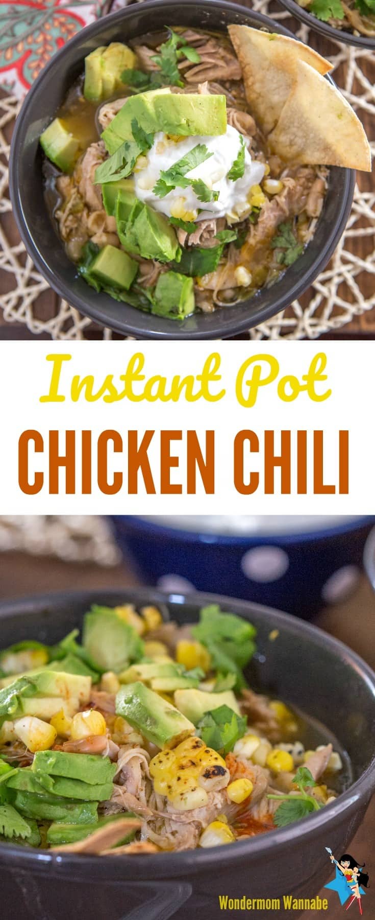 a collage of chicken chili in a black bowl with title text reading Instant Pot Chicken Chili