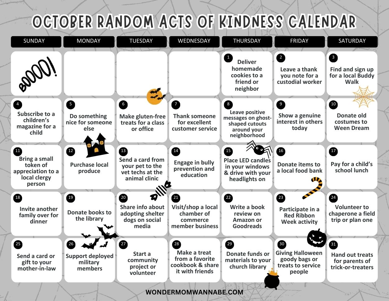 The "October acts of kindness calendar" features daily kindness activities for each day of the month, with colorful boxes marking each date for inspiration.