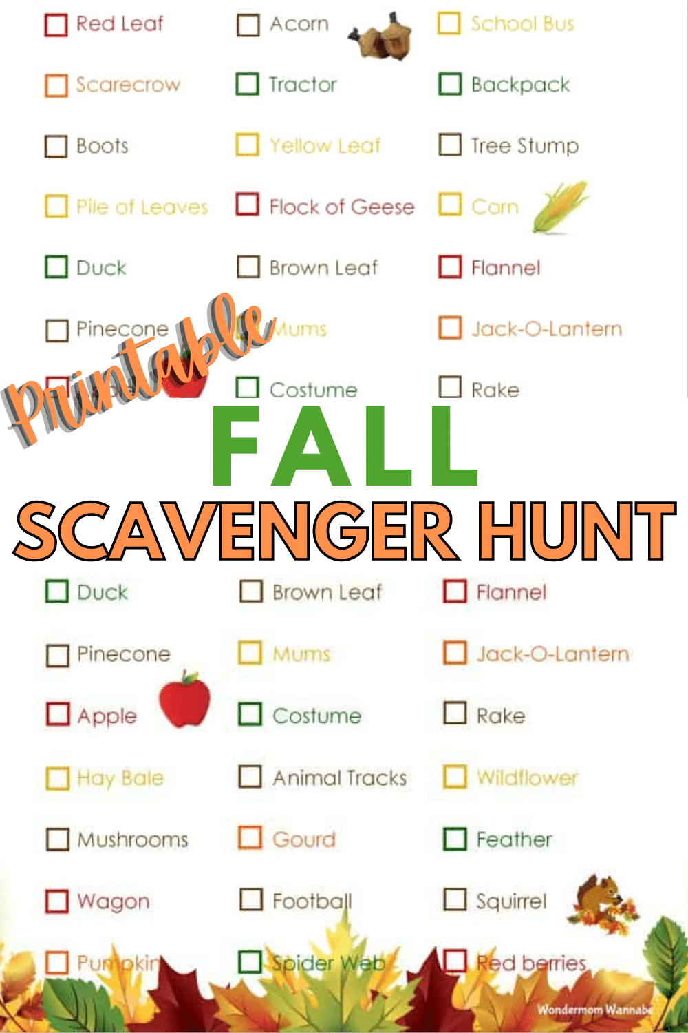 This printable fall scavenger hunt is fa fun and easy way to encourage kids to get outside and explore. #fall #scavengerhunt #kidsactivities #outdooractivities via @wondermomwannab