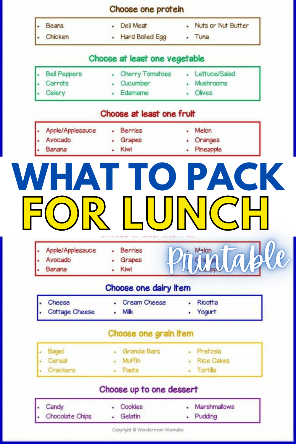 Use this What to Pack for Lunch printable sheet to help your kids make smart food choices on their own and learn an important life skill. #freeprintable #forkids #whattopackforlunch #parentingadvice via @wondermomwannab