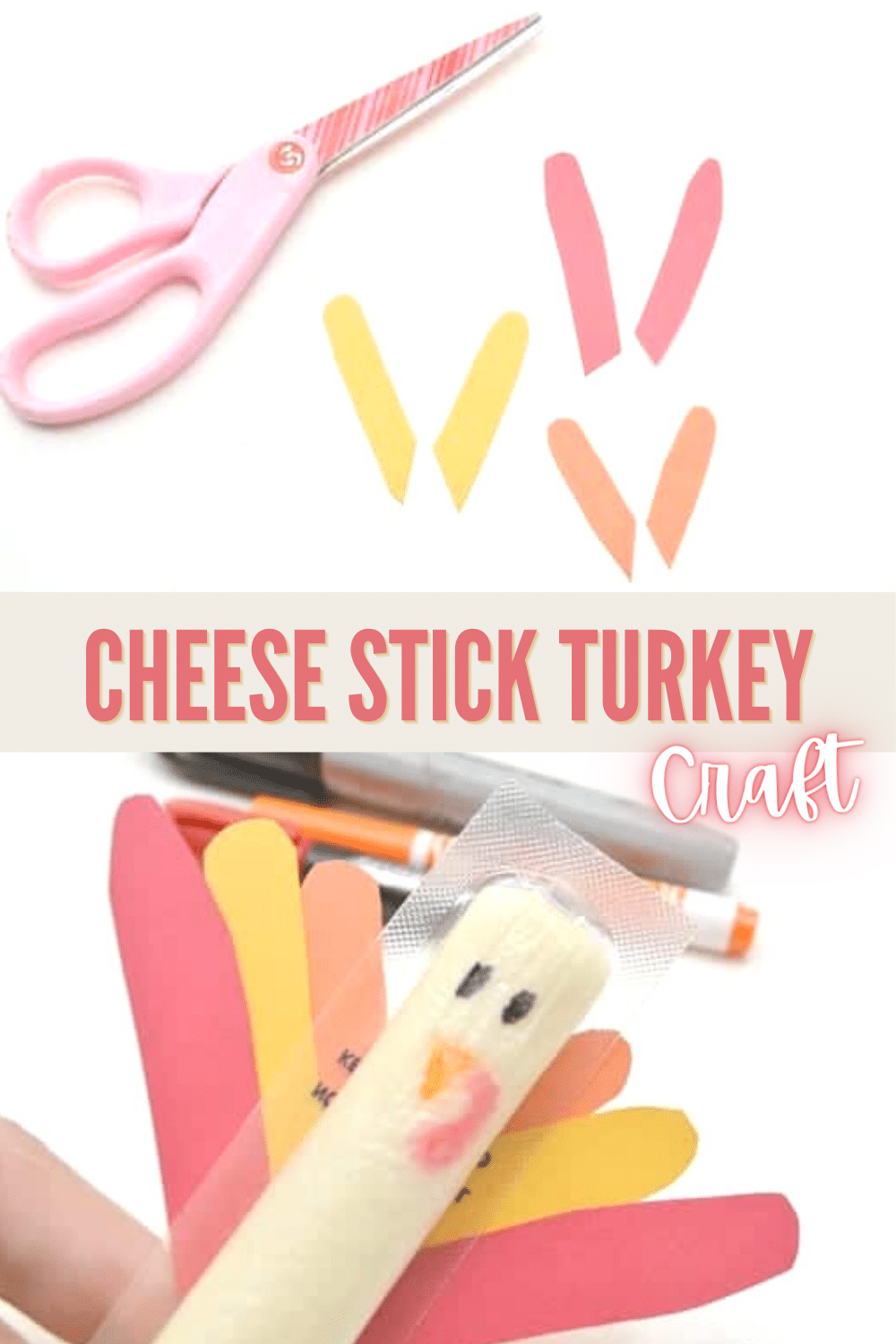 This cheese stick turkey is a fun and healthy snack or treat for kids to enjoy at Thanksgiving and it only takes a couple of minutes to make! #thanksgiving #healthysnack #snackcraft via @wondermomwannab
