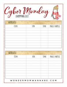 printable Cyber Monday shopping list