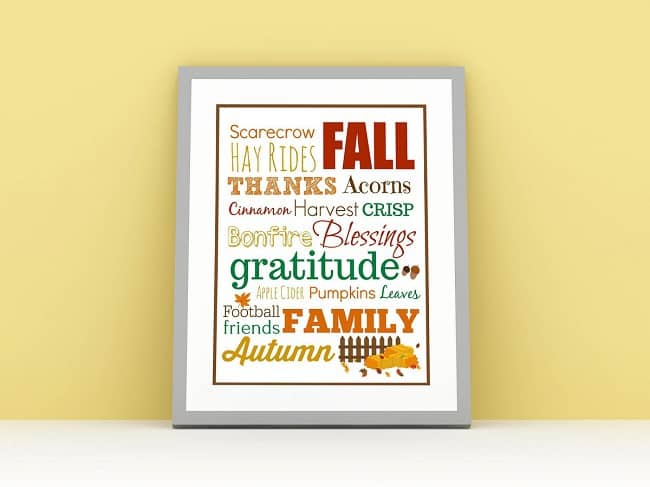 a printable with Fall words on it in a frame on a yellow background