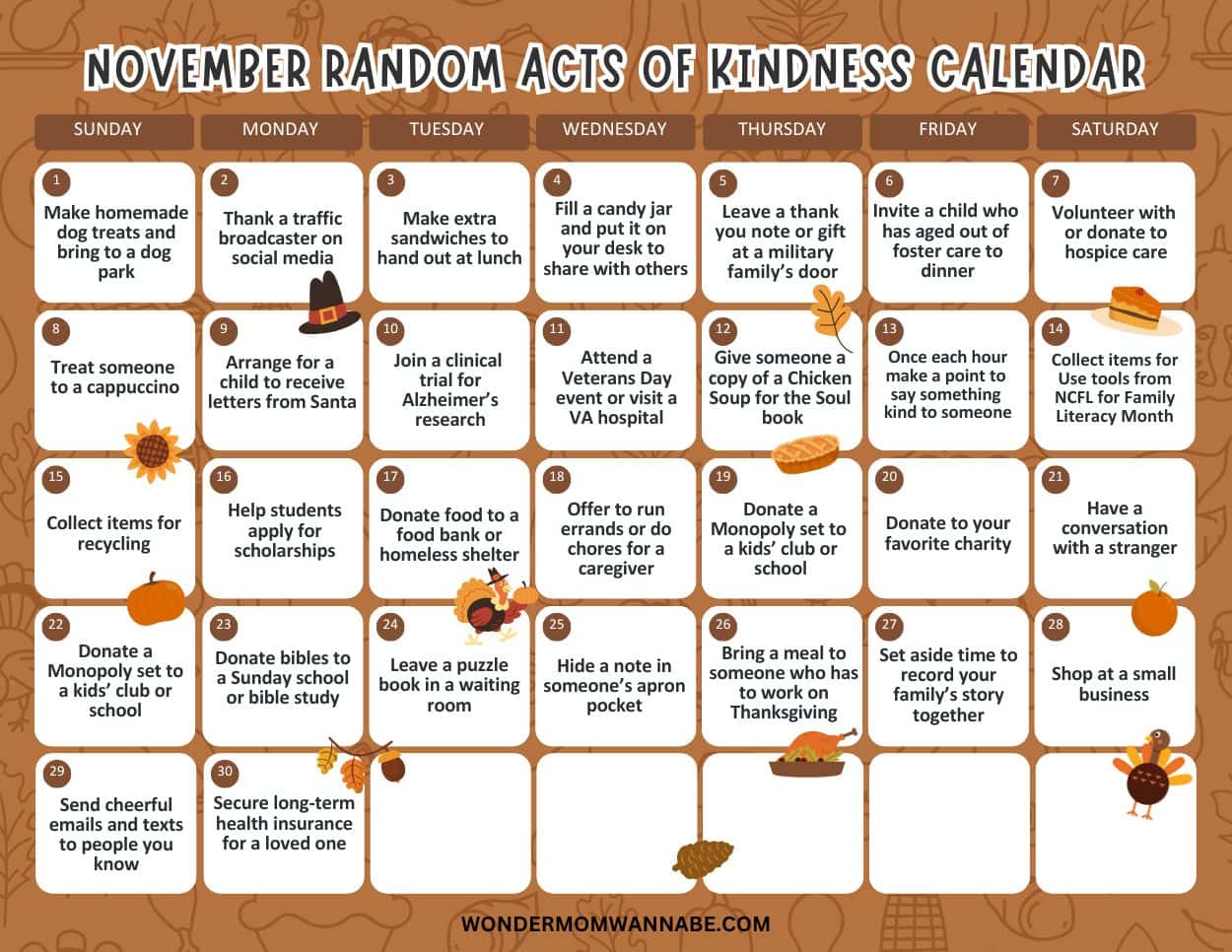 November acts of kindness calendar featuring daily suggestions like donating food, helping others, writing notes, volunteering, and supporting local businesses, all displayed on a warm fall-themed background.