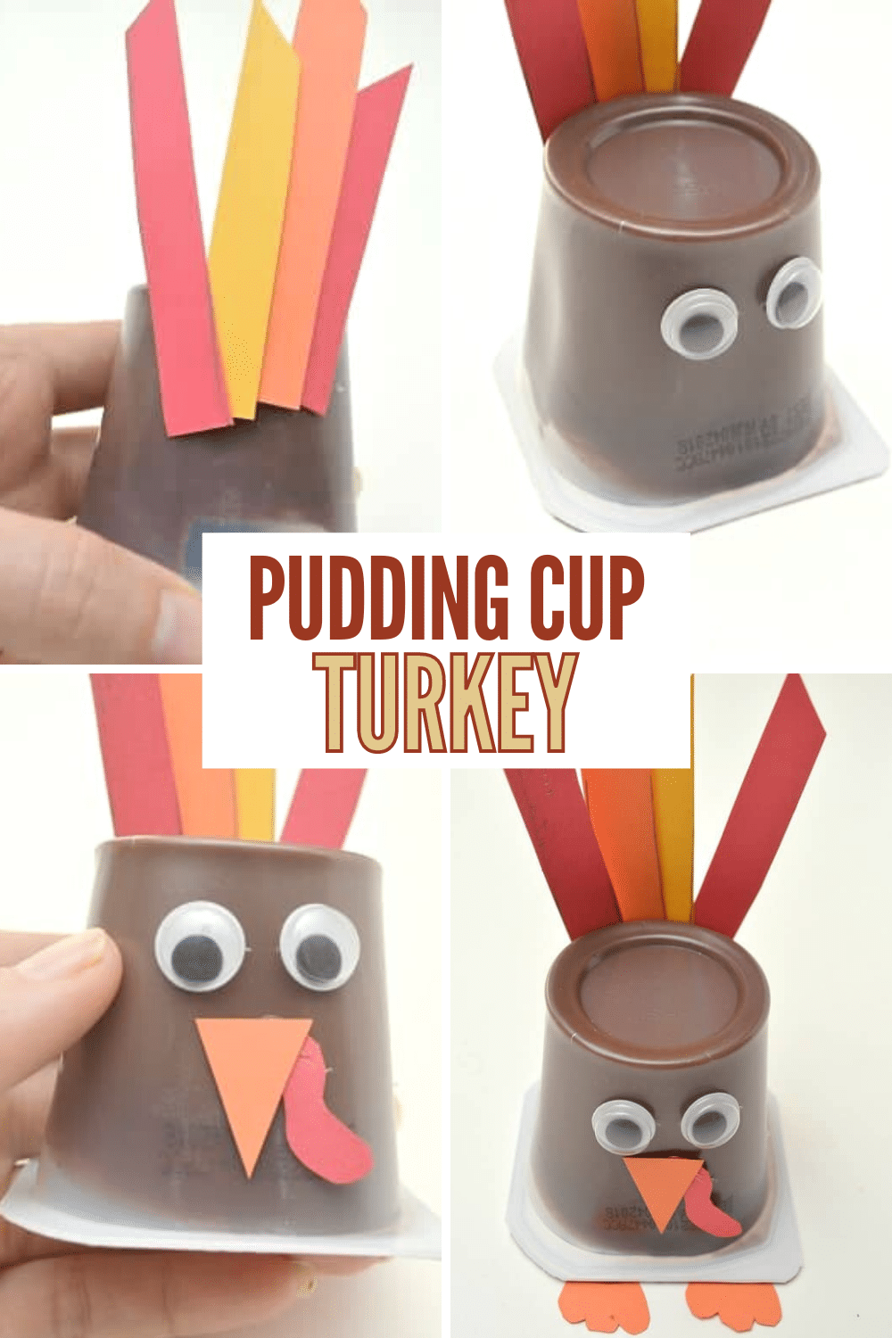 This pudding cup turkey craft is a super cute and easy way to treat your kids at Thanksgiving either in their lunches or for dessert. #turkeycraft #puddingcup #thanksgiving #forkids via @wondermomwannab