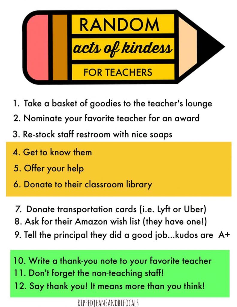 random acts of kindness printable for teachers with a list of 12 suggestions for things you can do