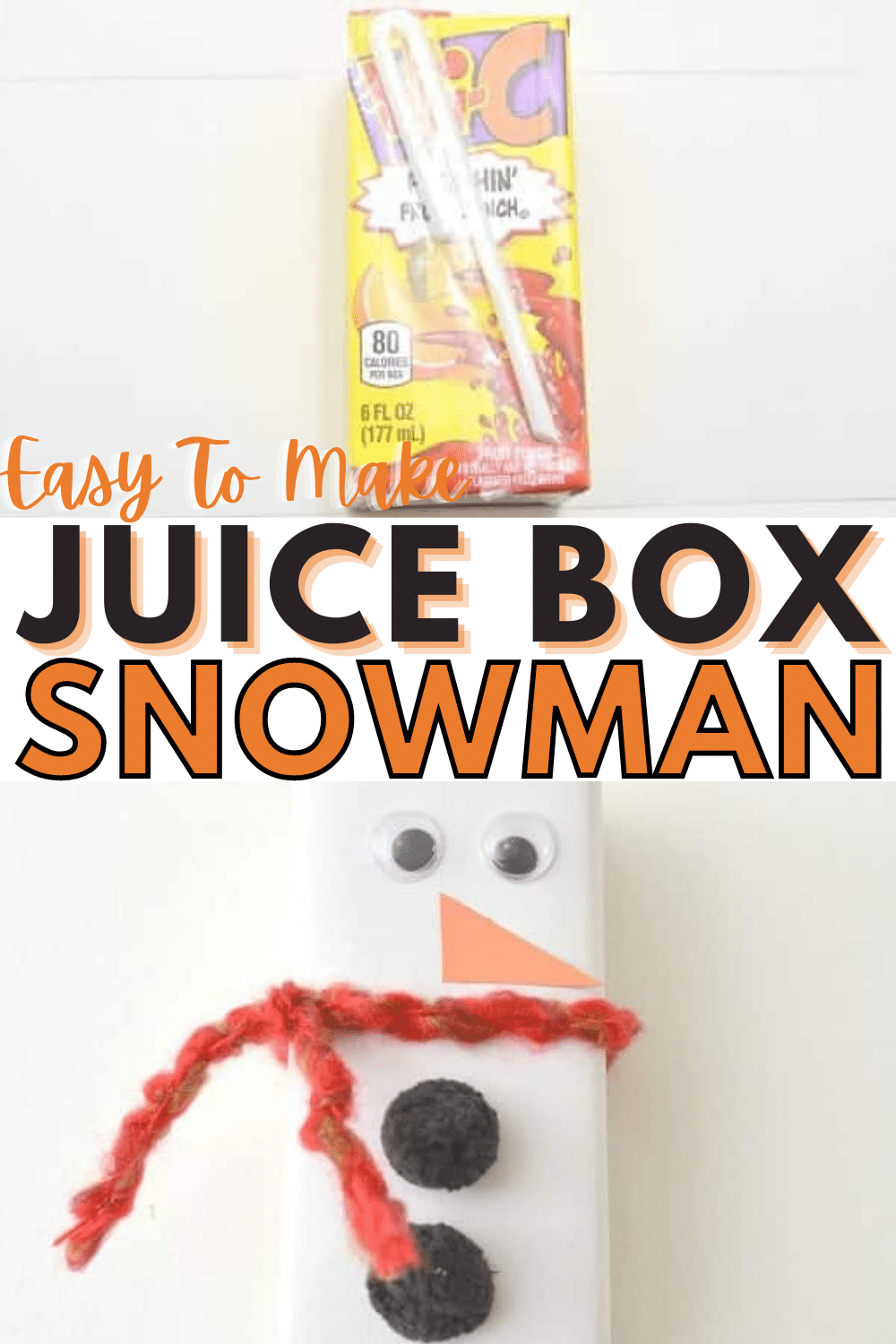 A few simple craft supplies and a juice box is all it takes to make this Juice Box Snowman that will delight your child. It's fast and easy to make too! #forkids #snowman #craft #diy via @wondermomwannab