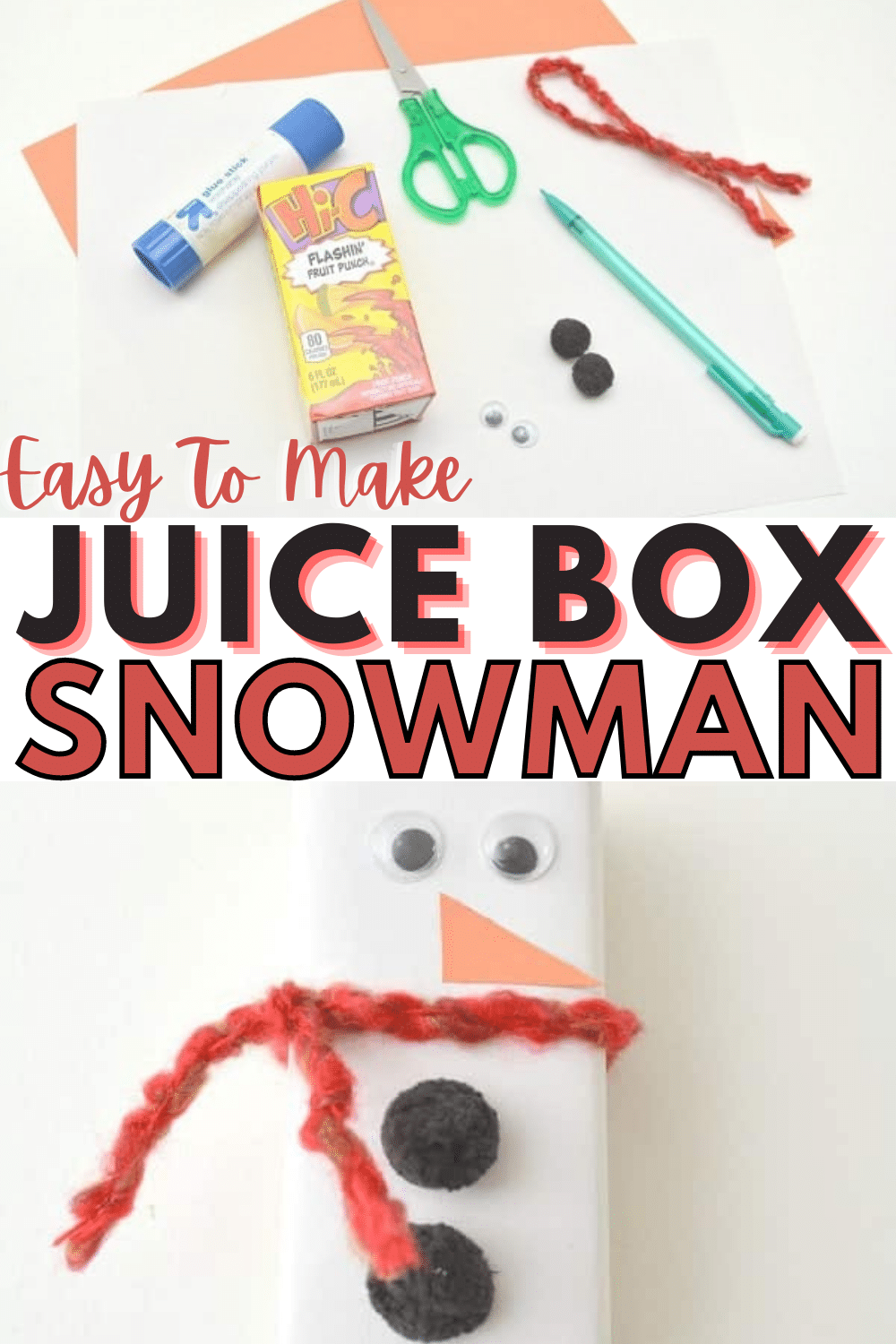 A few simple craft supplies and a juice box is all it takes to make this Juice Box Snowman that will delight your child. It's fast and easy to make too! #forkids #snowman #craft #diy via @wondermomwannab