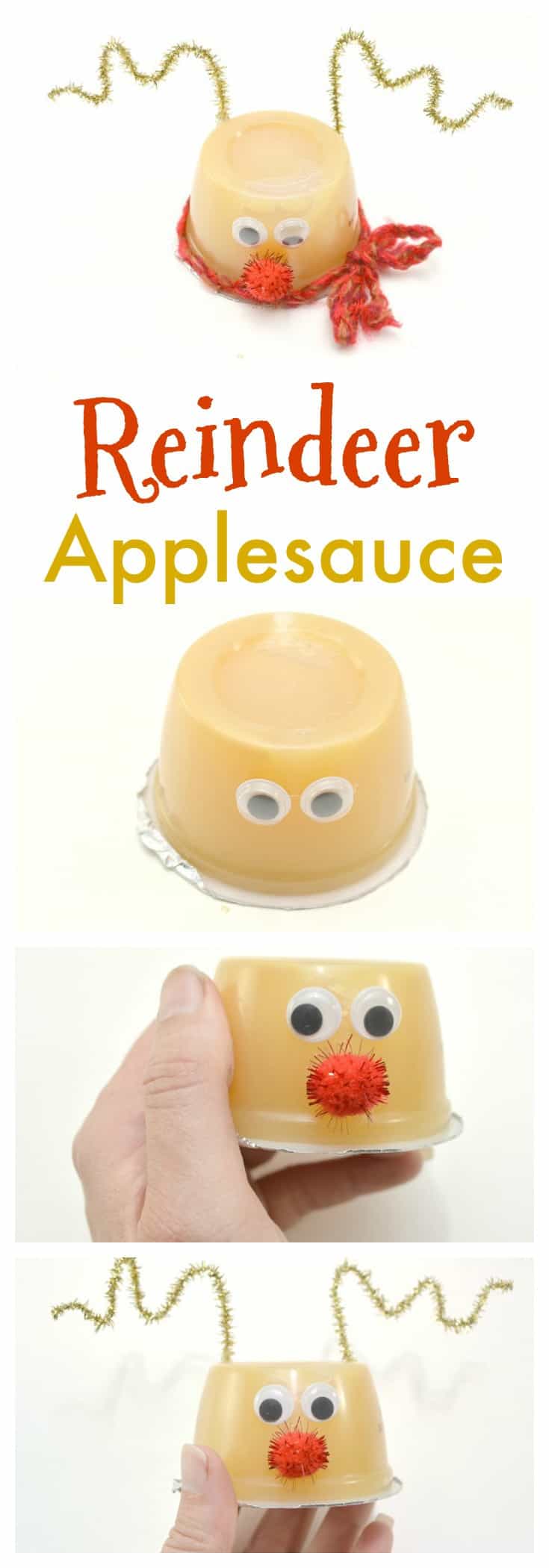 a collage of how to make reindeer applesauce with title text reading Reindeer Applesauce