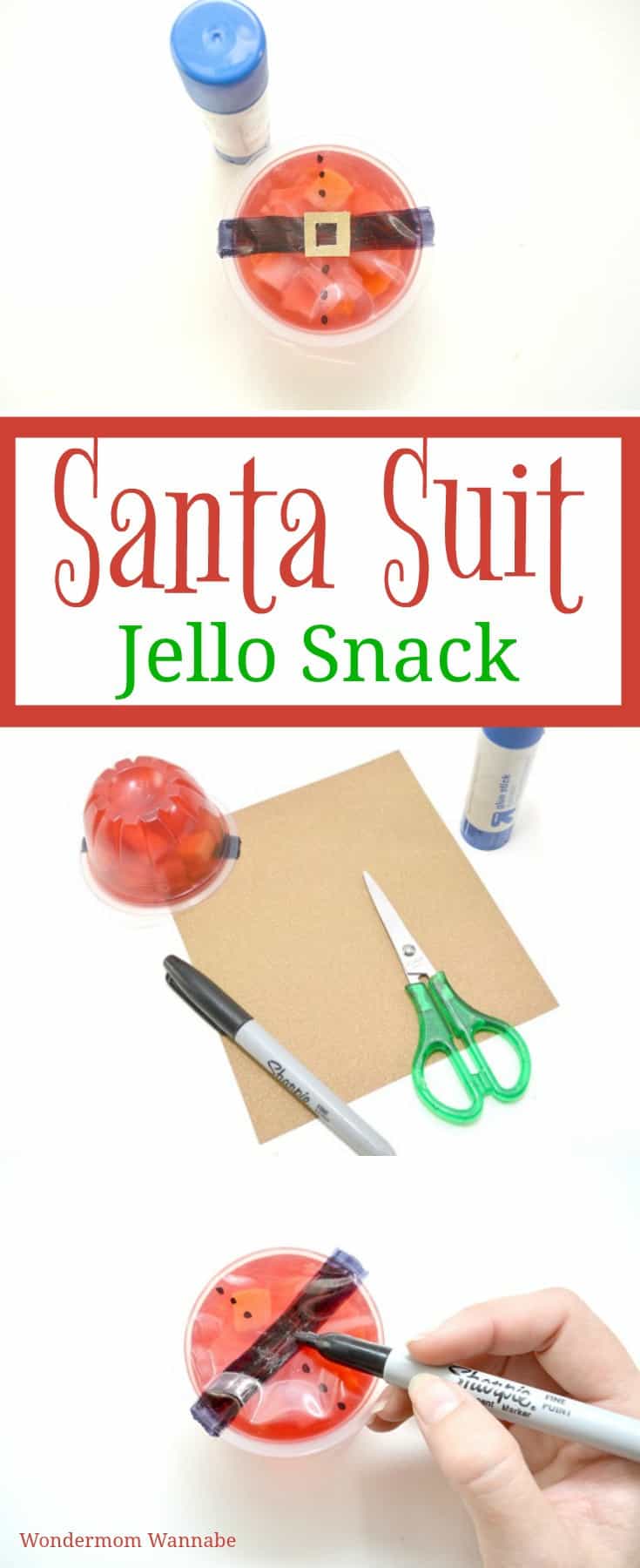 You just need a few minutes to transform your child's lunchbox dessert into a holiday surprise. Find out how to make this Santa Suit Jello Snack. #snack #lunchbox #forkids #santa via @wondermomwannab